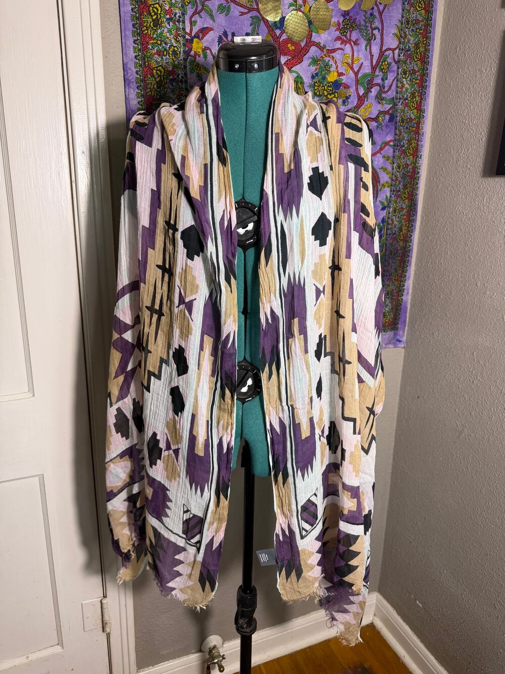 GRAY Saks Fifth Avenue Oversized Scarf Wrap Geometric Purple Tan Black 80"